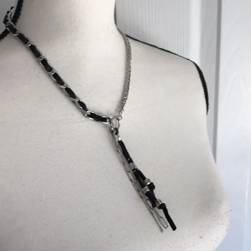 Free People Silver Tone and Black Leather Striped Necklace